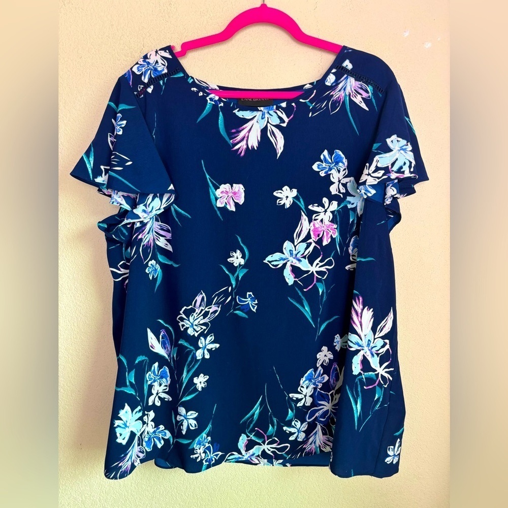 Lane Bryant Navy Tropical Floral Flutter Sleeve Short Sleeve Blouse 20